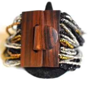 Boho Statement Multistrand Glass Bead Wooden Closure 7.5" Flex Bracelet